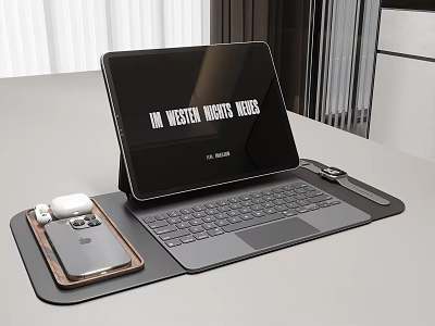 Modern Tablet Workstation With Keyboard Phone Stand And Smartwatch On Desk 3d model