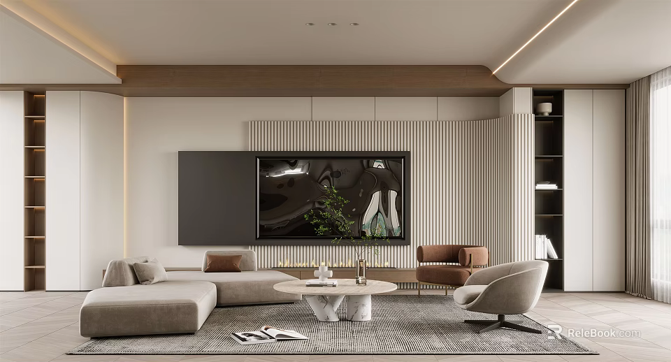 Modern Living Room Interior Design With TV Wall Sofa Coffee Table And Rug 3d model 