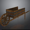 Vintage Wooden Wheelbarrow with Rectangular Bucket Metal Strips and Large Spoked Wheel