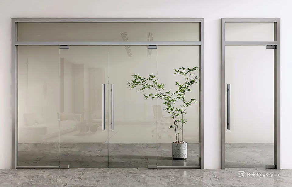 Modern Glass Double Doors With Sleek Frames In Interior Space And Potted Plant 3d model 