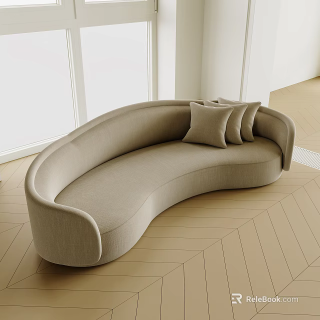 Beige Curved Fabric Sofa in Modern Room with Wooden Floor and White Walls 3d model 