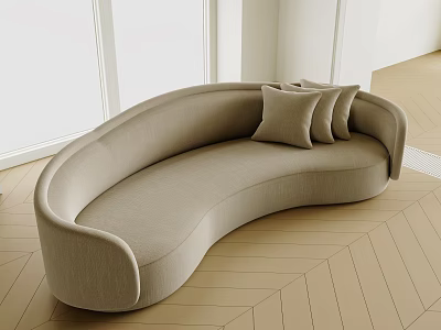 Beige Curved Fabric Sofa in Modern Room with Wooden Floor and White Walls 3d model