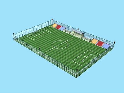 Standard Football Field with Green Grass White Lines Fence Lighting Poles and Spectator Stands 3d model