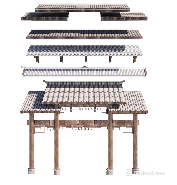 Traditional Chinese Architectural Components With Multi layered Tiled Roofs and Wooden Frame Structures 3d model 