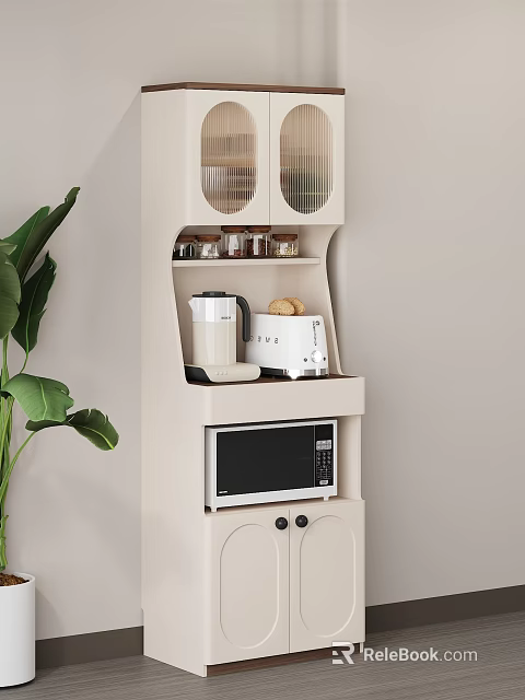 Light Colored Kitchen Sideboard with Glass Door Compartments Coffee Maker Toaster Microwave and Green Plant Nearby 3d model 
