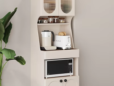Light Colored Kitchen Sideboard with Glass Door Compartments Coffee Maker Toaster Microwave and Green Plant Nearby 3d model