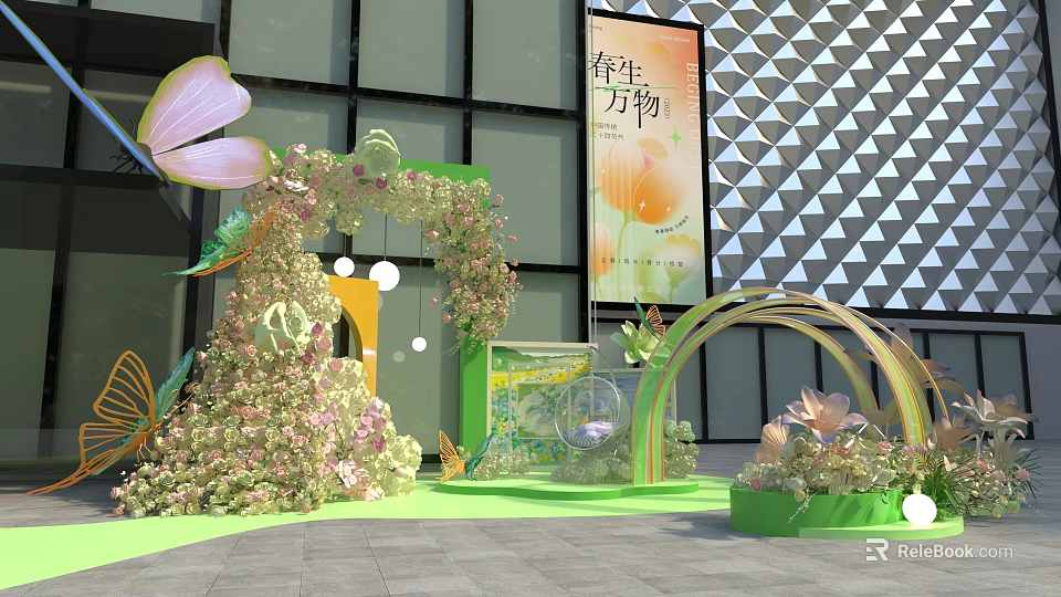 Spring Themed Floral Display With Butterfly Archway Green Plants And Decor 3d model 