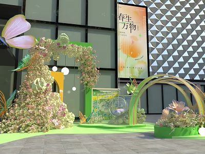 Spring Themed Floral Display With Butterfly Archway Green Plants And Decor 3d model