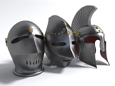 Three Ancient Metal Helmets With Different Spiked Crested And Rounded Designs 3d model