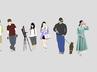 Diverse Group of People Strolling Including Artist with Easel Dog Walker and Traditional Dress 3d model