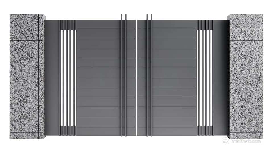 Modern Entrance Gate Design With Double Doors Gray Finish And Stone Pillars 3d model 