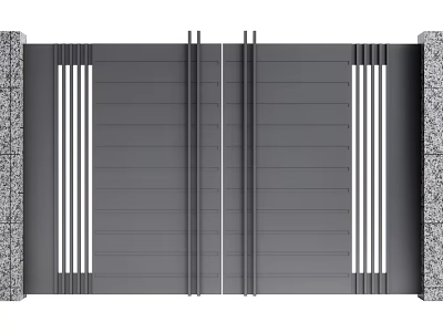 Modern Entrance Gate Design With Double Doors Gray Finish And Stone Pillars 3d model