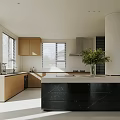 Modern Kitchen Interior With Natural Light White Column Light Wood Cabinets And Black Island Countertop
