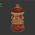 Traditional Chinese Red Multi Layered Decorative Furniture Piece With Dome Top And Yellow Patterns