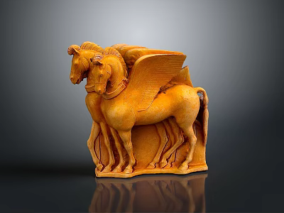 Artistic Carved Two Winged Horses Wooden Sculpture With Intricate Details And Base 3d model