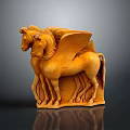 Artistic Carved Two Winged Horses Wooden Sculpture With Intricate Details And Base