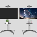 TV on Wheeled Stand Showing Radio Telescope Starry Sky with Potted Plant and Drinks