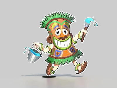 Cheerful Cartoon Totem Character With Green Decorative Top Holding Blue Torch And Water Bucket 3d model