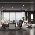 Modern Office Interior with Large Windows City View Desk Sofa and Green Plants
