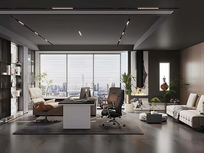 Modern Office Interior with Large Windows City View Desk Sofa and Green Plants 3d model