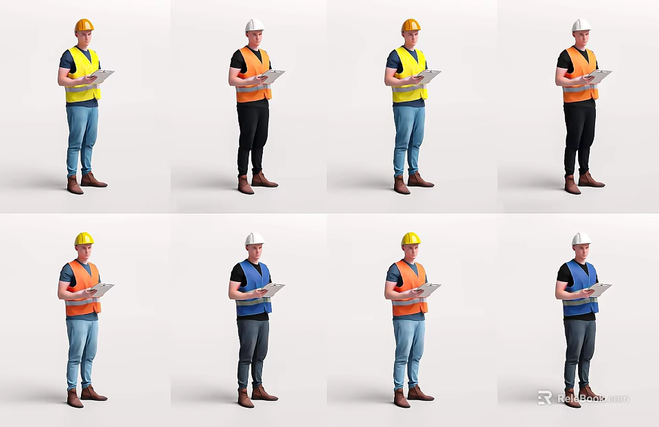 Man Wearing Safety Helmet And Colored Vests Holding Tablet For Construction Work 3d model 