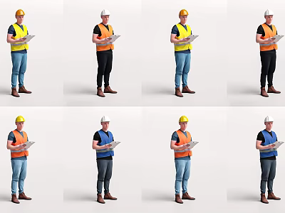 Man Wearing Safety Helmet And Colored Vests Holding Tablet For Construction Work 3d model