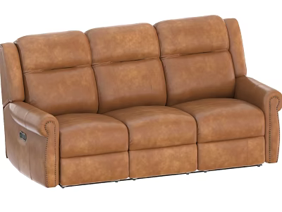 Brown Leather Three Seater Sofa With Stitched Design And Comfortable Armrests 3d model
