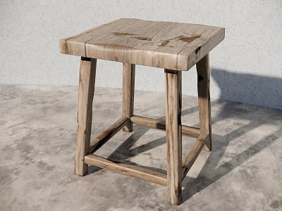 Natural Wooden Stool With Square Seat Textured Surface And Cross Bar Design 3d model