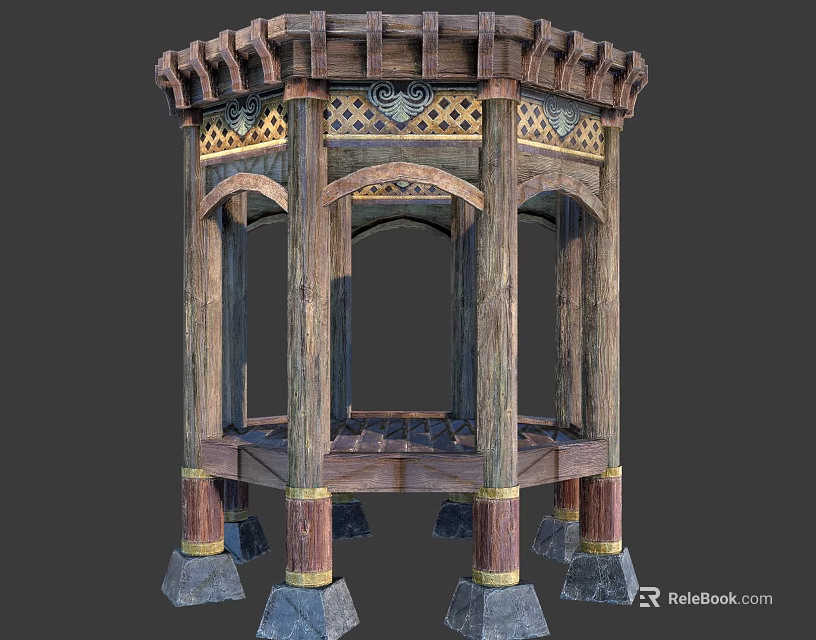 Antique Ornate Wooden Pavilion With Intricate Carvings And Stone Base Columns 3d model 