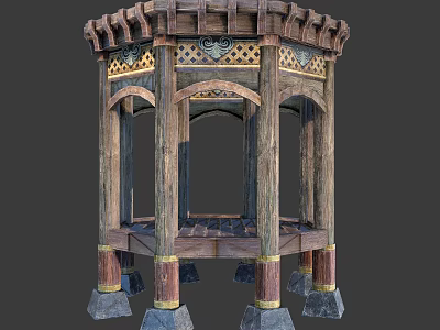 Antique Ornate Wooden Pavilion With Intricate Carvings And Stone Base Columns 3d model