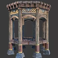 Antique Ornate Wooden Pavilion With Intricate Carvings And Stone Base Columns