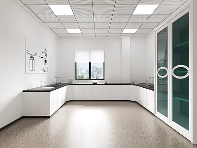 Modern Clean Laboratory Interior With White Benches Glass Door Cabinets And Square Ceiling Lights 3d model