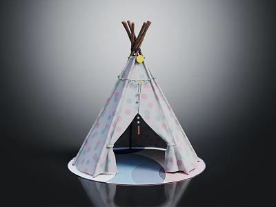 Kids Teepee Tent Furniture With Polka Dot Pattern Wooden Stick Support Decorative Beads And Round Base 3d model