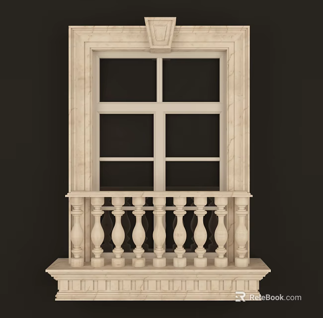 Classical Casement Window With Stone Frame And Ornamental Balustrade Design 3d model
