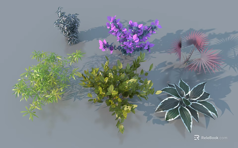 Diverse Arbor Varieties Featuring Purple Flowers Green Leaves And Shaped Foliage 3d model 