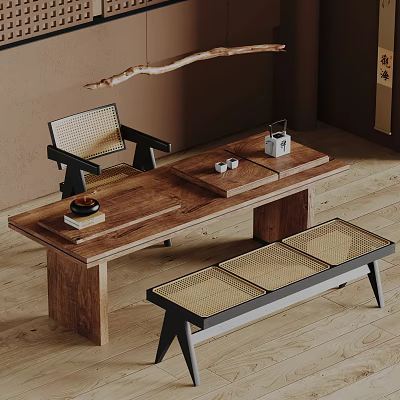 Japanese Style Wooden Tea Table And Chairs With Woven Seats And Tea Set 3d model