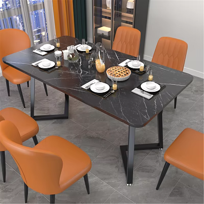 Modern Dining Table and Chair Combination Black Marble Rock Plate Dining Table and Chair 3d model