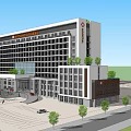 Modern Commercial Building Featuring White Exterior Glass Windows Green Roof And Parking Area