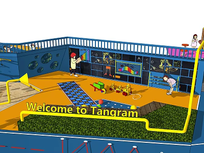 Fun Tangram Children's Play Area With Blue Fences Yellow Floor Toys And Kids Playing 3d model