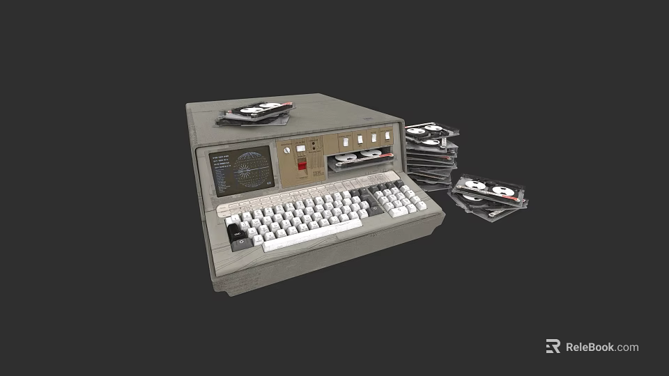 Vintage Computer System With Keyboard Screen And Stacked Floppy Disks 3d model 