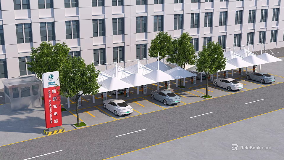 Clean Hospital Parking Lot With White Canopies White Building Trees Parked Cars And Red Sign 3d model 