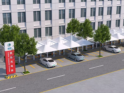 Clean Hospital Parking Lot With White Canopies White Building Trees Parked Cars And Red Sign 3d model