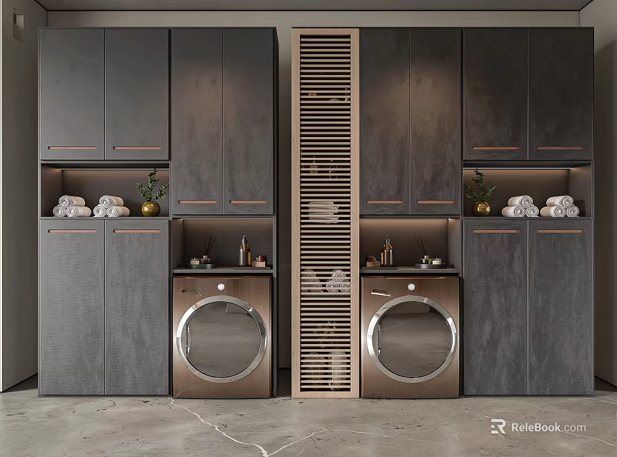 Contemporary Dark Shoe Cabinet Featuring Double Washer Slatted Panel And Storage Shelves With Towels Plants 3d model 