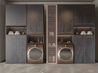 Contemporary Dark Shoe Cabinet Featuring Double Washer Slatted Panel And Storage Shelves With Towels Plants 3d model
