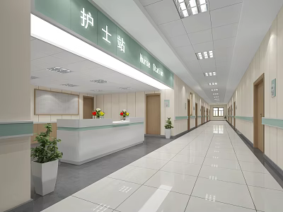 Clean Hospital Nurse Station Interior With Front Desk Corridor And Plants 3d model