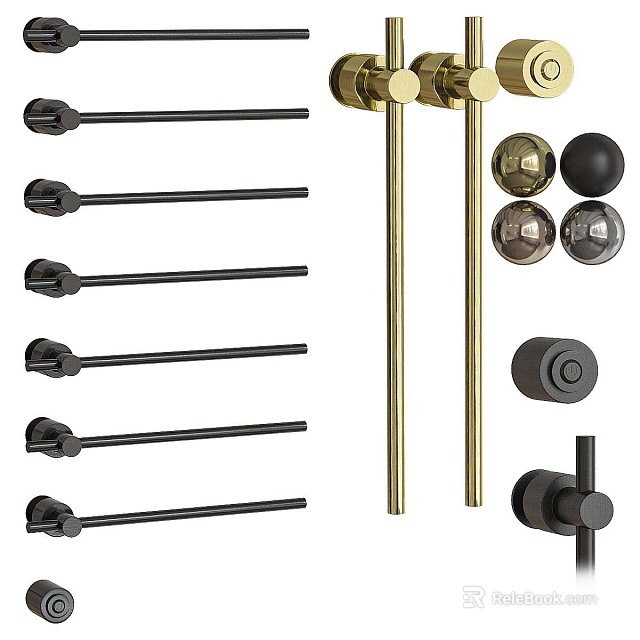 Modern Black And Gold Faucet Components With Handles Levers And Knobs 3d model 