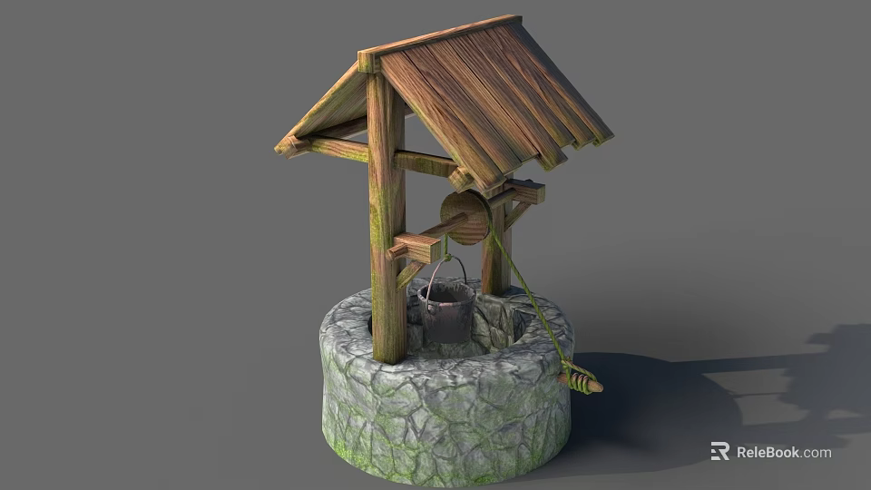 Rustic Garden Ornament With Wooden Roof Stone Base Water Bucket And Rope 3d model 