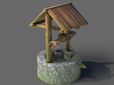 Rustic Garden Ornament With Wooden Roof Stone Base Water Bucket And Rope 3d model