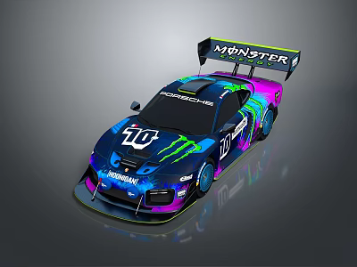 Porsche Race Car With Monster Logo And Neon Colored Design Large Spoiler 3d model