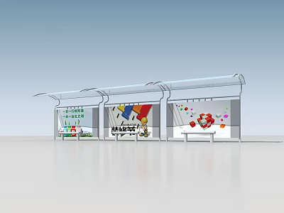 Transparent Roof Bus Shelter with Colorful Advertisement Posters and Text 3d model